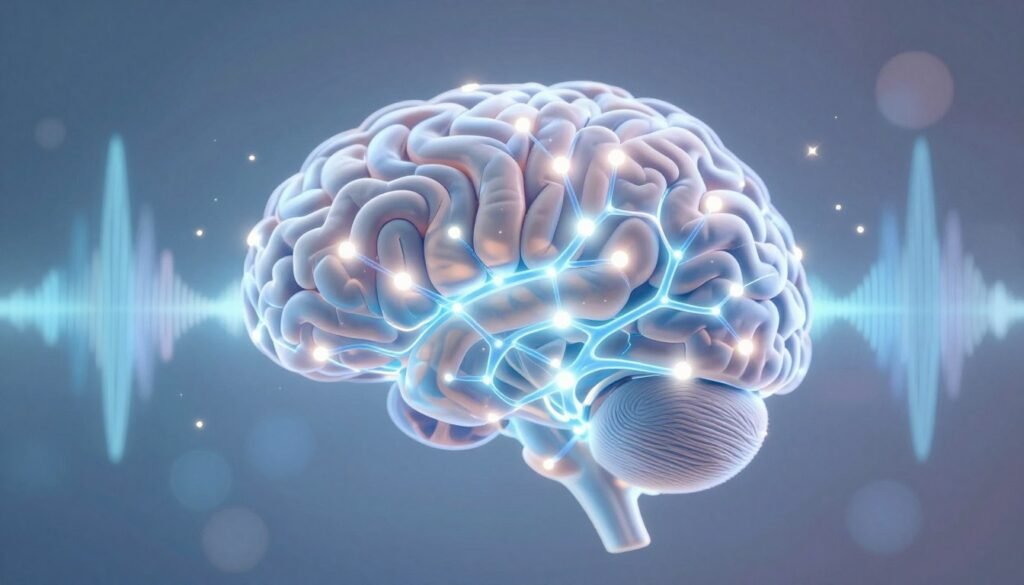 A baby’s brain depicted as an intricate network of glowing neural connections, illuminated in soft blues and whites, symbolizing the processing of sounds. In the foreground, a close-up view of the brain, with vibrant synapses lighting up as they respond to auditory stimuli, representing the concept of white noise. In the middle ground, gentle sound waves in soft pastel colors radiate outward, blending harmoniously with the brain's activity. The background features a peaceful, dreamy atmosphere with soft bokeh effects, enhancing the calming mood. The lighting is ethereal, with highlights emphasizing the brain's structure while maintaining a soothing ambiance. The angle is slightly tilted, giving a dynamic perspective on this fascinating process, inviting viewers to explore the science behind sound perception in infants.