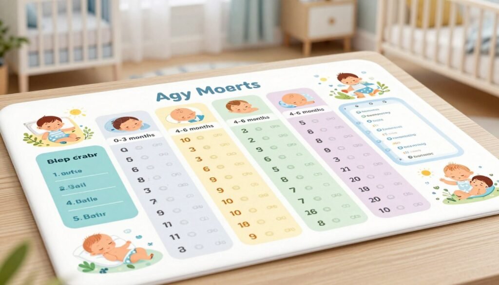 A beautifully designed and colorful sleep chart for babies, showcasing different sleep needs by age group. The foreground features a playful layout with adorable illustrations of babies from newborn to toddlers, each represented in a cozy sleep environment, such as cribs and nursery rooms. In the middle, the chart itself is clearly organized with soft pastel colors, dividing sections for various age brackets, like 0-3 months, 4-6 months, and so on. The background includes a serene nursery setting with gentle lighting, evoking a calm and soothing atmosphere. The image is shot from a slightly elevated angle to provide a comprehensive view of the chart, emphasizing clarity and visual appeal.