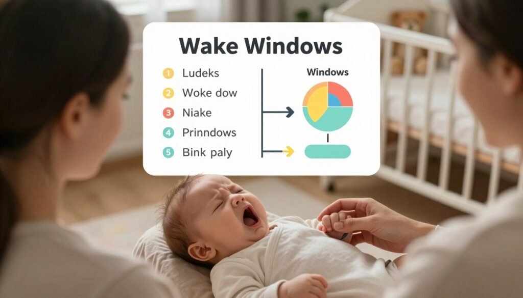 A calming and informative scene depicting common mistakes in the application of "Wake Windows" for babies. In the foreground, a parent gently cradles a yawning baby, both wearing comfortable, modest clothing. The middle ground showcases an illustrated chart highlighting the ideal wake windows, with colorful graphics and clear visuals. Soft, diffused lighting creates a warm atmosphere, suggesting serenity and understanding. In the background, a cozy nursery is visible, with a crib and plush toys, adding to the peaceful environment. The overall mood is one of gentle guidance and education, emphasizing the importance of proper timing in sleep routines for infants. The angle is slightly overhead, allowing a clear view of both the parent-baby connection and the informative chart without any text or distractions. A calming and informative scene depicting common mistakes in the application of "Wake Windows" for babies. In the foreground, a parent gently cradles a yawning baby, both wearing comfortable, modest clothing. The middle ground showcases an illustrated chart highlighting the ideal wake windows, with colorful graphics and clear visuals. Soft, diffused lighting creates a warm atmosphere, suggesting serenity and understanding. In the background, a cozy nursery is visible, with a crib and plush toys, adding to the peaceful environment. The overall mood is one of gentle guidance and education, emphasizing the importance of proper timing in sleep routines for infants. The angle is slightly overhead, allowing a clear view of both the parent-baby connection and the informative chart without any text or distractions.