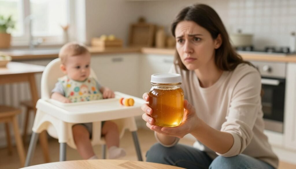 A concerned parent in a warm, softly lit kitchen holds a small jar of honey, with a cautionary expression on their face, emphasizing the dangers of honey for infants. In the foreground, a close-up of the honey jar, with a child-safe lid, glistens in warm light. In the middle ground, the parent is dressed in modest, casual clothing, kneeling next to a child’s high chair, which is empty but adorned with a colorful baby bib and scattered toys. The background features a cozy, inviting kitchen setting with a wooden table and gentle sunlight filtering through a window, creating an atmosphere of warmth mixed with caution. The focus is sharp on the honey jar and the parent’s thoughtful expression, evoking a mix of care and concern for infant health.