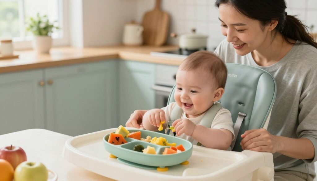 A cozy dining room scene showcasing a highchair with a six-month-old baby engaging in self-feeding using Baby-Led Weaning (BLW) techniques. The foreground features the baby with a cheerful expression, surrounded by colorful, soft finger foods such as steamed vegetables and soft fruits. The middle layer includes a nurturing parent observing closely, emphasizing a supportive atmosphere. In the background, a well-lit kitchen with pastel-colored decor and plants creates a warm, inviting mood. Bright, natural light streams through a window, highlighting the joy of this interactive mealtime experience. The angle is slightly from above, capturing both the baby’s curiosity and the parent’s encouragement, showcasing the advantages of the BLW method.