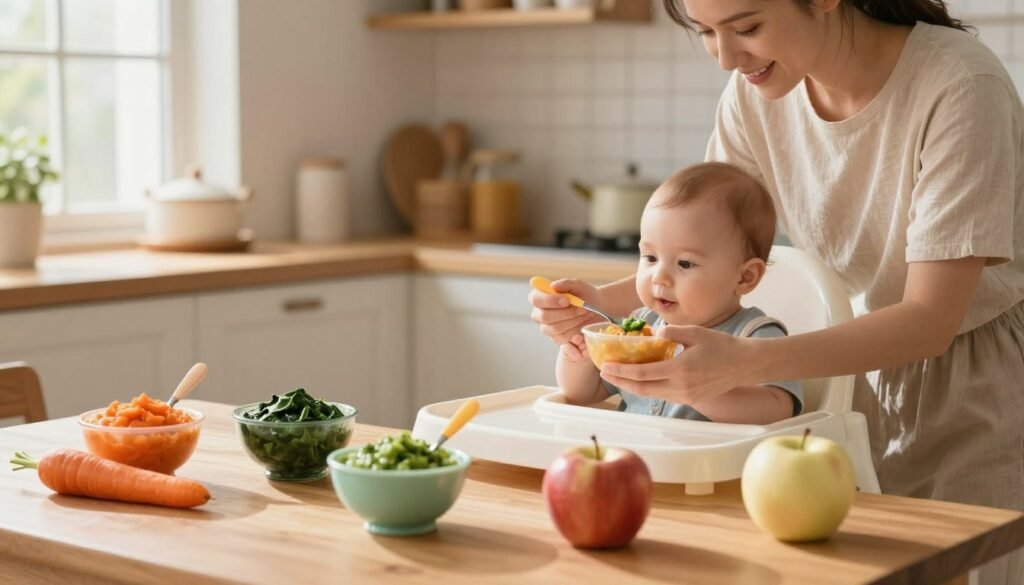 A cozy kitchen scene showcasing traditional baby food preparations. In the foreground, a wooden table displays a variety of vibrant, colorful pureed foods in small, matching bowls—carrot, spinach, and apple puree, each with a spoon beside it. A soft, natural light filters through a nearby window, casting gentle shadows and highlighting the textures and colors of the food. In the middle, a mother, dressed in casual yet modest clothing, is gently feeding her six-month-old baby, who is seated in a high chair, curiously looking at the food. The background features warm wooden cabinetry and soft pastel colors, creating an inviting and nurturing atmosphere. The overall mood is warm, peaceful, and focused on the bond of feeding.