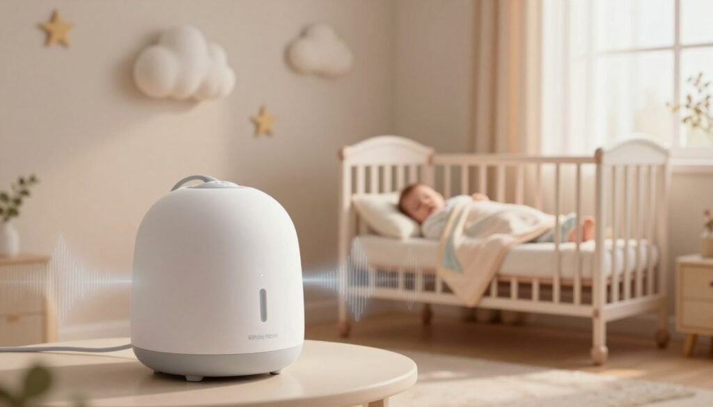 A serene and calming nursery scene showcasing the concept of "White Noise." In the foreground, a soft, plush white noise machine emits gentle sound waves depicted as subtle, flowing lines or waves. In the middle ground, a comfortably arranged crib with a peaceful sleeping baby nestled inside, swaddled in a light, pastel-colored blanket. The background features soothing decor, such as soft clouds and stars on the walls, creating a tranquil atmosphere. Warm, diffused lighting casts a gentle glow throughout the room, enhancing the peaceful mood. A large window allows soft morning light to filter in, completing the serene environment. The overall composition should evoke a sense of calm and safety, ideal for illustrating the peaceful effects of white noise in childcare.