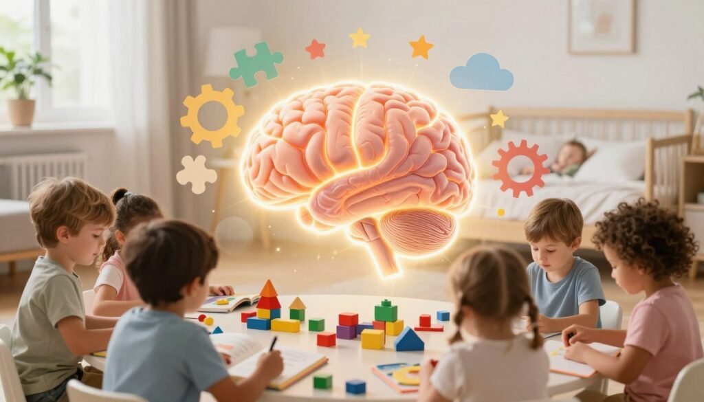 A serene and enlightening depiction of early childhood brain development, illustrating a glowing, vibrant brain at the center, surrounded by warm, gentle colors. In the foreground, include a diverse group of children aged 0-5, joyfully engaged in various educational activities, like reading and playing with building blocks. In the middle ground, depict symbolic elements such as puzzle pieces and gears symbolizing learning and growth, subtly integrating images of sleep, such as clouds and stars, to highlight the importance of rest. In the background, create a soft-focus nursery setting bathed in soft, natural light, evoking a calm and nurturing atmosphere. Use a slight upward angle to emphasize the children's exploration and curiosity, ensuring a sense of wonder and innocence throughout the composition.