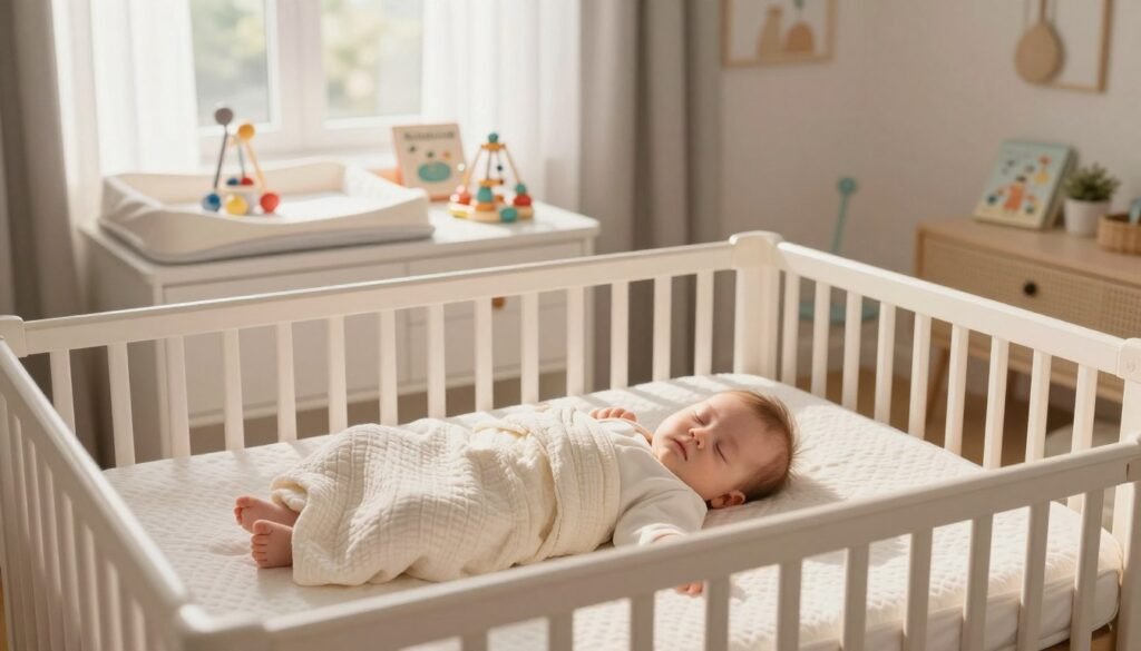 A serene and inviting nursery environment, showcasing a cozy crib with a soft, breathable mattress surrounded by gentle, pastel-colored decor. In the foreground, a calm baby peacefully sleeping, wrapped in a light muslin blanket, radiating tranquility. In the middle ground, a well-organized changing table with subtle developmental toys and books, emphasizing growth milestones. In the background, a window softly illuminated by warm morning light filtering through sheer curtains, casting gentle shadows. The overall atmosphere is peaceful and nurturing, with soft, diffused lighting creating a warm, welcoming vibe. The angle captures both the baby and the elements of the nursery, focusing on a harmonious blend of comfort and developmental inspiration. A serene and inviting nursery environment, showcasing a cozy crib with a soft, breathable mattress surrounded by gentle, pastel-colored decor. In the foreground, a calm baby peacefully sleeping, wrapped in a light muslin blanket, radiating tranquility. In the middle ground, a well-organized changing table with subtle developmental toys and books, emphasizing growth milestones. In the background, a window softly illuminated by warm morning light filtering through sheer curtains, casting gentle shadows. The overall atmosphere is peaceful and nurturing, with soft, diffused lighting creating a warm, welcoming vibe. The angle captures both the baby and the elements of the nursery, focusing on a harmonious blend of comfort and developmental inspiration.