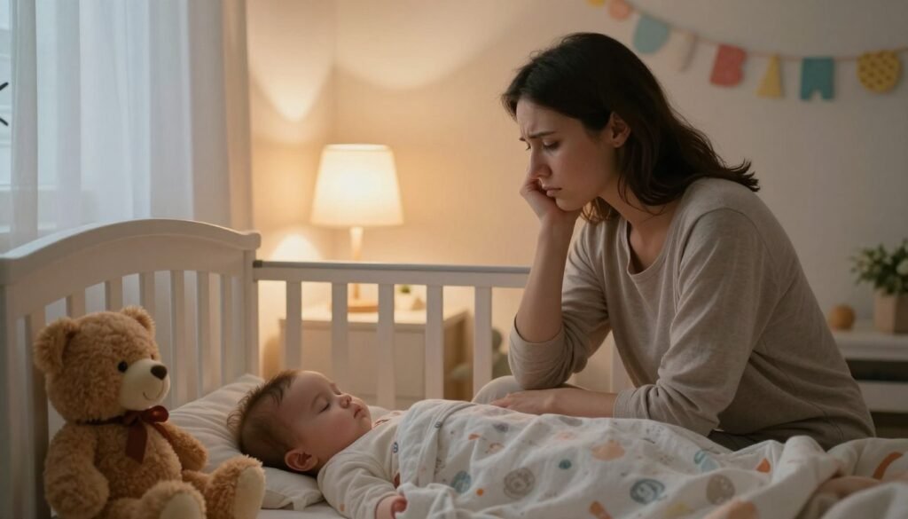 A serene bedroom scene depicting a parent looking worriedly at a sleeping baby in a crib, illustrating the struggles of sleep regression. In the foreground, a soft, plush teddy bear rests beside the baby, while the parent, dressed in comfortable yet modest home attire, sits on the edge of the bed with a pensive expression. The middle layer captures warm, soft lighting emanating from a bedside lamp, casting a gentle glow across the room, creating a comforting yet slightly somber mood. In the background, soft curtains billow slightly, hinting at nighttime, while colorful nursery decorations add a touch of cheerfulness. The overall atmosphere combines concern and love, focused on the theme of sleep challenges.
