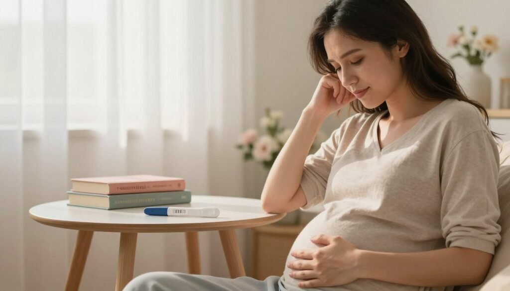 A serene indoor setting capturing the early signs of pregnancy. In the foreground, a thoughtful woman in modest casual clothing gently cradles her abdomen, displaying a mixed expression of joy and contemplation. Light softly filters through sheer curtains, creating a warm and inviting atmosphere. In the middle ground, a small table holds a pregnancy test with two positive lines, surrounded by a few books about pregnancy. The background features soft pastel colors, with floral decorations that emphasize a nurturing environment. The lighting is soft and natural, reminiscent of early morning or late afternoon, evoking a sense of hope and anticipation. The composition should be inviting and heartwarming, illustrating the theme of pregnancy symptoms without any text or distractions.