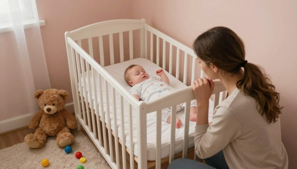 A serene nursery room bathed in soft, warm light, depicting a crib with a peacefully sleeping baby. Surrounding the crib are subtle hints of sleep regression: a slightly disheveled nursery with a teddy bear flipped upside down and scattered toys, symbolizing the challenges faced at 4, 8, and 12 months. In the foreground, a tired but caring parent gently watches over the baby, dressed in modest casual clothing, conveying love and concern. The walls of the nursery are painted in soothing pastel colors, with a soft plush rug on the floor. The atmosphere is calm and warm, evoking both the joys and difficulties of parenting during these specific developmental phases. The image is captured from a slightly elevated angle, emphasizing the cozy yet slightly chaotic environment.