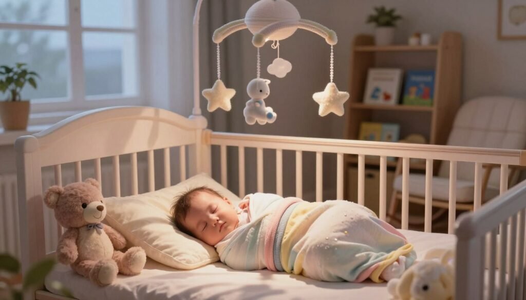 A serene nursery scene showcasing the "baby sleep cycle." In the foreground, a peacefully sleeping infant swaddled in a soft, pastel-colored blanket, surrounded by plush toys that evoke a sense of comfort. The middle ground features a cozy crib with a gentle mobile hanging above, casting playful shadows. In the background, a warm, softly lit room with calming colors, including a rocking chair and a bookshelf filled with children's books, contributing to a tranquil atmosphere. The lighting is soft and warm, suggesting evening, with a window showing a dimly lit sky. The mood is peaceful and nurturing, ideal for illuminating the intricate process of a baby's sleep cycle.
