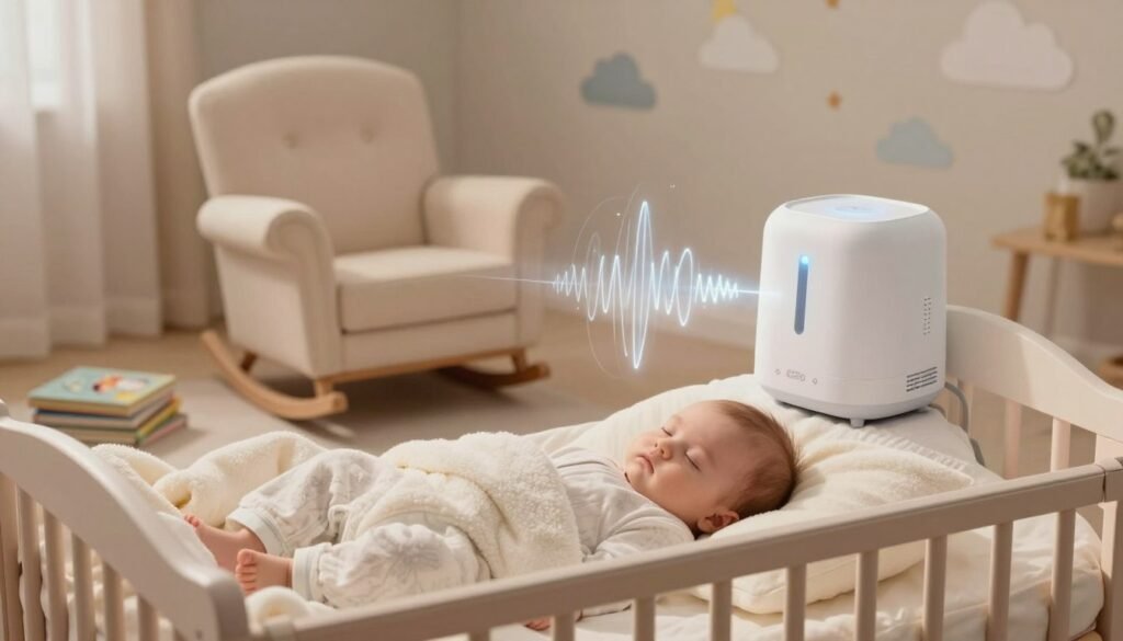 A serene nursery setting, softly illuminated by gentle, warm light. In the foreground, a cozy crib with a plush white blanket gently draped over it. An adorable sleeping baby, peacefully nestled within, wearing soft cotton pajamas. To the side, a stylish white noise machine emits soft sound waves, depicted as light, ethereal vibrations filling the air. In the middle ground, a rocking chair is positioned, upholstered in light pastel colors, with a small stack of soothing children's books nearby. The background features soft, dreamy wall decals of clouds and stars, enhancing a tranquil atmosphere. Overall, the image conveys a sense of calm and comfort, ideal for parents looking to soothe their babies.