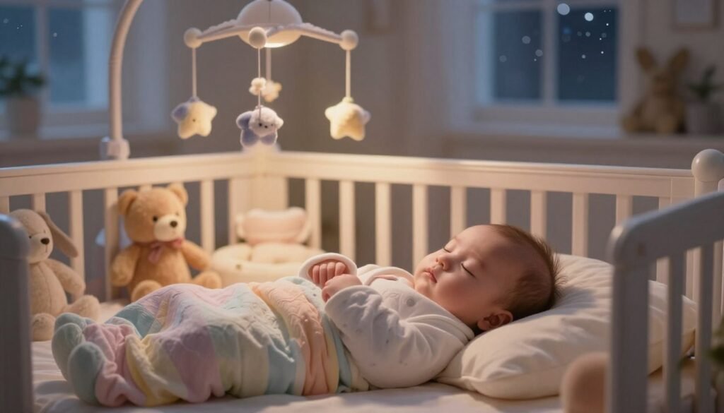 A serene scene of a cozy nursery at night, softly illuminated by a warm, ambient glow from a nightlight. In the foreground, a peaceful 4-month-old baby is gently swaddled in a calming, pastel-colored blanket, their eyes closed in tranquility. The middle layer features an inviting crib adorned with stuffed animals and a mobile that gently sways, casting soft shadows. In the background, a window reveals a starlit sky, hinting at the peaceful night beyond. The atmosphere conveys a sense of comfort, calmness, and the challenges parents face during sleep regression, with an emphasis on care and nurturing. The focus is on the baby and the nurturing space, shot with a soft focus lens to enhance the dreamy quality of the scene, inviting warmth and empathy.