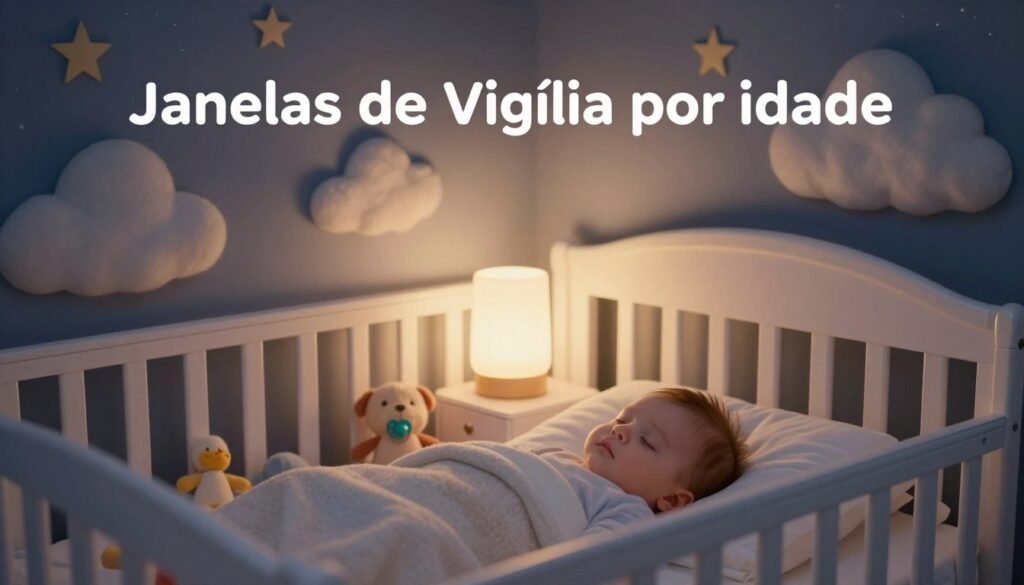 A serene, softly lit nursery corner focused on a comfortably furnished crib, highlighting "Janelas de Vigília por idade." In the foreground, a calm baby peacefully sleeping, wrapped in a cozy blanket, surrounded by age-appropriate sleep aids like a pacifier and a soft toy. In the middle ground, a gentle night lamp emits a warm glow, casting soft shadows that enhance the tranquil atmosphere. The background features a mural of soothing clouds and stars, embodying a dreamy escapade. The lighting is ambient, simulating the twilight hours, with a slight vignette effect to create intimacy. The overall mood is peaceful and nurturing, perfect for illustrating sleep guidance for different developmental stages. Janela de Vigília por idade