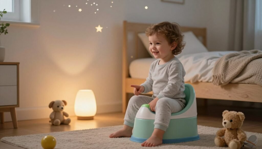 A warm and inviting scene depicting a cozy, well-lit room that represents readiness for nighttime potty training. In the foreground, a cheerful toddler, dressed in comfortable pajamas, smiles while pointing to a colorful potty chair. Surrounding the child, a few playful toys and a small plush animal add a sense of comfort and fun. In the middle ground, a soft, glowing nightlight casts a gentle ambiance, while a starry wall decal hints at the child's dreams. The background features a neatly made bed with soft blankets and pillows, creating a nurturing atmosphere. The lighting is soft and warm, emphasizing a sense of security and encouragement, suitable for conveying the theme of readiness in a non-stressful environment.