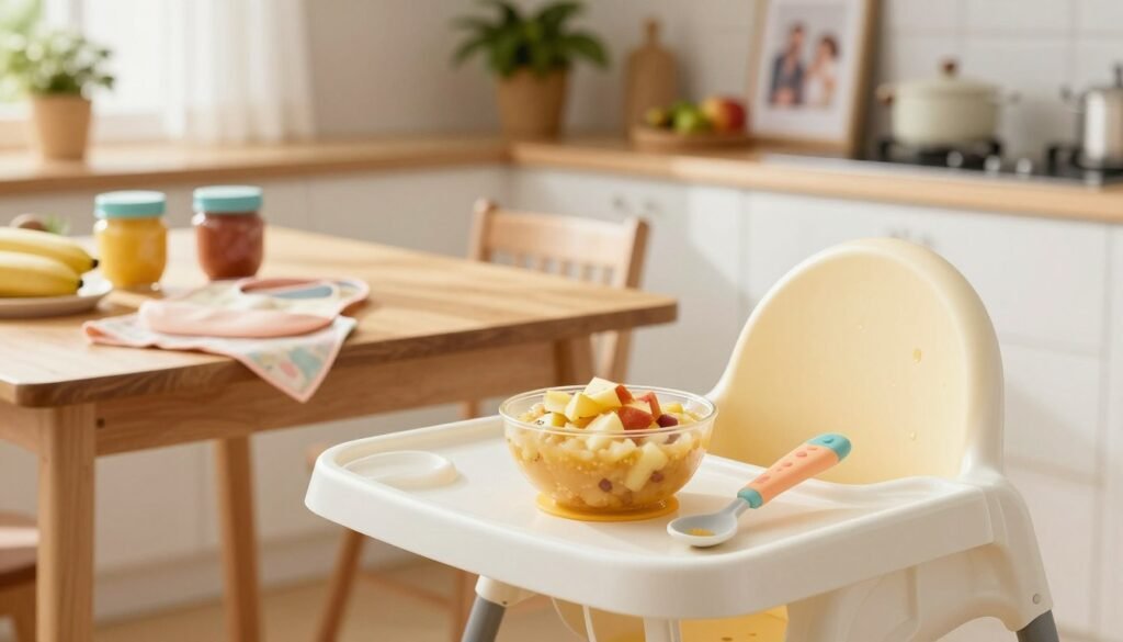 An inviting and vibrant kitchen scene showcasing the first foods for babies. In the foreground, a colorful wooden high chair holds a small bowl of pureed fruits such as bananas, apples, and avocados, alongside a soft, artistic infant spoon. The middle layer features a warm, sunlit table adorned with baby food jars, a bib, and a gentle, pastel-colored cloth. In the background, a soft focus of a cozy kitchen with potted plants and family photos on the wall contributes to a nurturing atmosphere. The overall lighting is bright and natural, with a slight golden hue to evoke warmth and comfort, viewed from a slightly elevated angle to create depth and intimacy. The mood conveys a sense of care and joy in introducing new foods to a baby's diet.