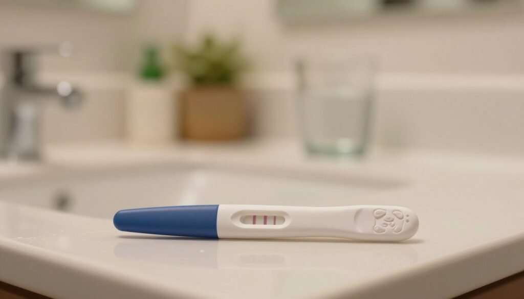 Close-up view of a pregnancy test lying on a light-colored bathroom countertop, with the test displaying a clear positive result. In the foreground, the test is positioned slightly off-center with reflections hinting at moisture on the surface. In the middle ground, soft-focus bathroom items like a plant or a cup of water suggest a serene atmosphere. The background features a softly lit bathroom with warm lighting, creating a welcoming and hopeful mood. The setting is tidy and peaceful, emphasizing the moment of anticipation and confirmation. The composition is captured with a shallow depth of field to enhance focus on the pregnancy test, evoking feelings of joy and expectation.